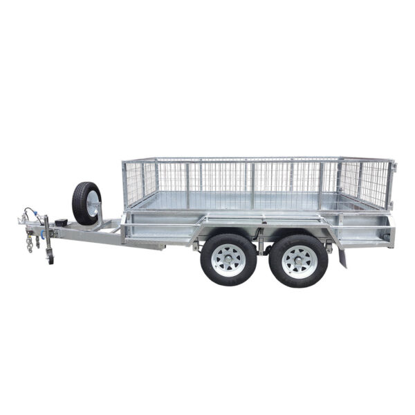 An 8×5 Dual Axle Hydraulic Tipper Tandem Box Trailer with a 3200kg ATM (Pre-order) is shown on a white background, featuring mesh sides, four wheels, a silver finish, and a front-mounted spare tire.