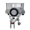 The 8×5 Dual Axle Hydraulic Tipper Tandem Box Trailer 3200kg ATM (Pre-order) features a robust metal construction with a mesh cage, front wheel, and a spare tire mounted at the front. Chains hang from the hitch, and it is designed for efficient towing.