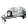 An 8×5 Dual Axle Hydraulic Tipper Tandem Box Trailer (3200kg ATM, pre-order) featuring a silver finish, metal mesh sides, mounted spare tire, dual axles, and a tow hitch with attached safety chains, shown on a white background.