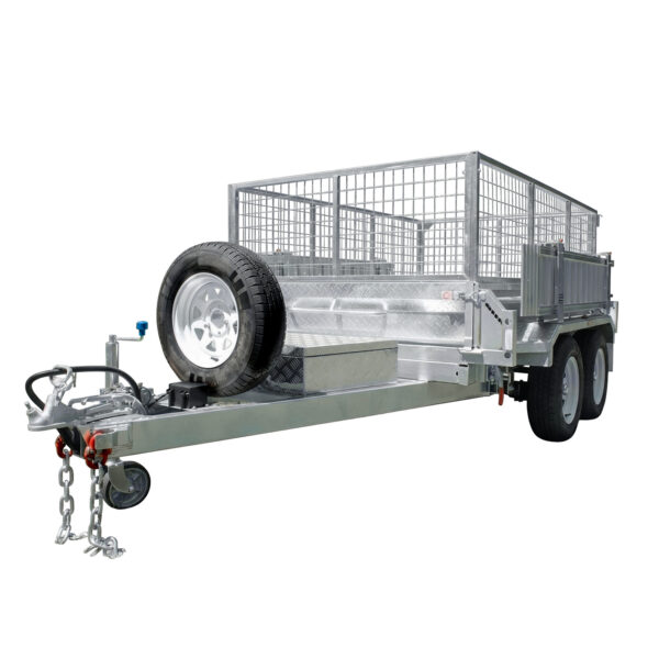An 8×5 Dual Axle Hydraulic Tipper Tandem Box Trailer (3200kg ATM, pre-order) featuring a silver finish, metal mesh sides, mounted spare tire, dual axles, and a tow hitch with attached safety chains, shown on a white background.