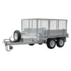 An 8×5 Dual Axle Hydraulic Tipper Tandem Box Trailer (3200kg ATM, pre-order), featuring galvanized metal construction, high wire mesh sides, a mounted spare tire, and a tow hitch—designed for transporting goods or equipment.