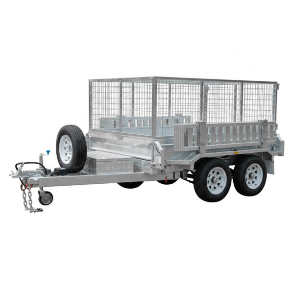 An 8×5 Dual Axle Hydraulic Tipper Tandem Box Trailer (3200kg ATM, pre-order), featuring galvanized metal construction, high wire mesh sides, a mounted spare tire, and a tow hitch—designed for transporting goods or equipment.