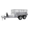 An 8×5 Dual Axle Hydraulic Tipper Tandem Box Trailer (3200kg ATM, pre-order) in silver, featuring side rails, a mesh cage, spare tire, and tow hitch, is viewed from the side against a white background.