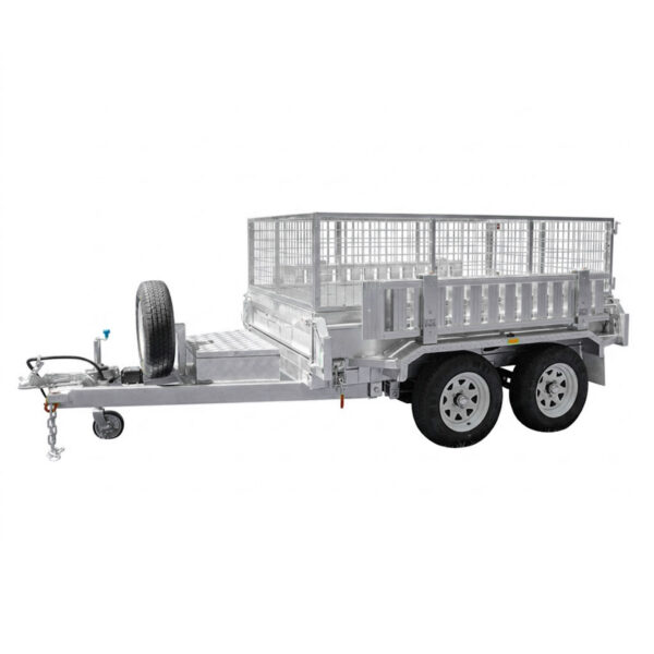An 8×5 Dual Axle Hydraulic Tipper Tandem Box Trailer (3200kg ATM, pre-order) in silver, featuring side rails, a mesh cage, spare tire, and tow hitch, is viewed from the side against a white background.