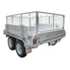 The 8×5 Dual Axle Hydraulic Tipper Tandem Box Trailer (3200kg ATM, pre-order) is a galvanized metal utility trailer featuring two wheels per side, wire mesh sides, and a rear gate. Engineered for heavy-duty hauling, this sturdy trailer offers reliable performance and robust construction.