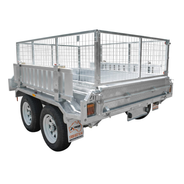 The 8×5 Dual Axle Hydraulic Tipper Tandem Box Trailer (3200kg ATM, pre-order) is a galvanized metal utility trailer featuring two wheels per side, wire mesh sides, and a rear gate. Engineered for heavy-duty hauling, this sturdy trailer offers reliable performance and robust construction.
