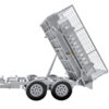 An 8×5 Dual Axle Hydraulic Tipper Tandem Box Trailer (3200kg ATM, Pre-order) in silver, featuring a mesh cage bed that tilts upward with its hydraulic lift for easy unloading of materials.