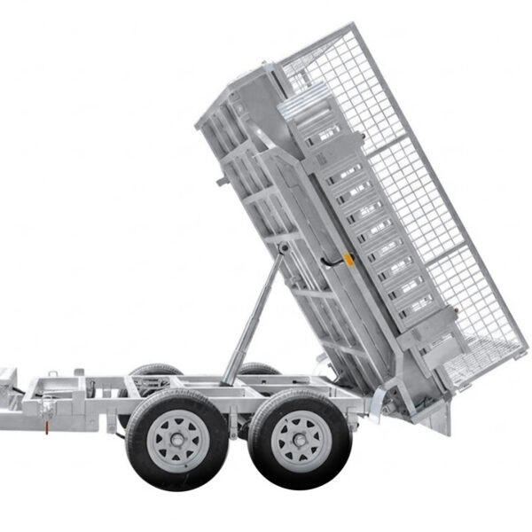 An 8×5 Dual Axle Hydraulic Tipper Tandem Box Trailer (3200kg ATM, Pre-order) in silver, featuring a mesh cage bed that tilts upward with its hydraulic lift for easy unloading of materials.